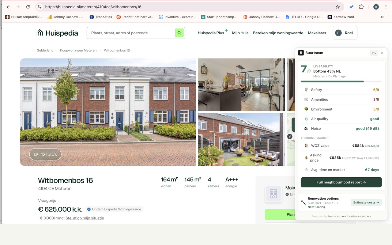 Buurtscan extensie op Huispedia.nl — Witbomenbos 16 Meteren, score 7/9 Bottom 43% NL, €625k vraagprijs